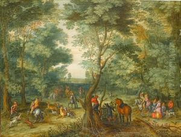 A Wooded Landscape With An 
Elegant Partyonlookers Watching As Huntsman Move In With Their Hounds 
For Thekill Of A Stag And Hart Oil Painting by Karel Beschey