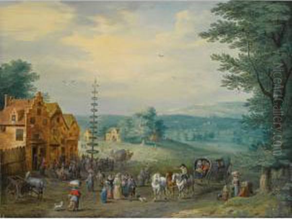 A Summer Landscape With Elegant 
Travellers, A Horse-drawn Wagon, Near A Village With Peasants Dancing 
Around A May-tree; A Winter Landscape With Travellers And A Horse-drawn 
Cart, Near A Village With Figures Skating On A Frozen River Nearby Oil Painting by Karel Beschey