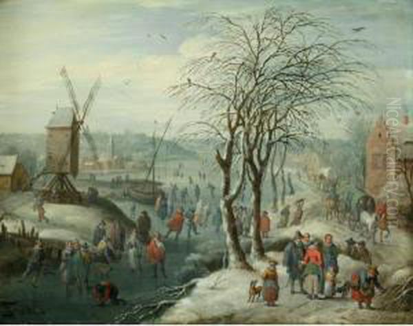 A Winter Landscape With Skaters On A Frozen River, A Village And Windmill Beyond Oil Painting by Karel Beschey