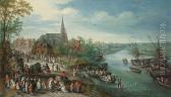 A Village Landscape With A 
Portrait Of Jan Brueghel The Elder And His Family And Numerous Other 
Figures By A River Oil Painting by Karel Beschey