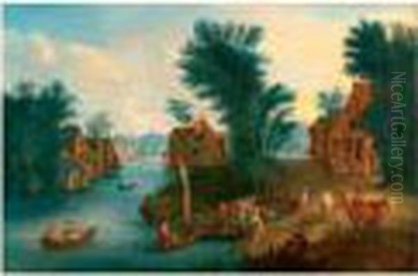 Paysage De Village Au Bord De Riviere Oil Painting by Karel Beschey