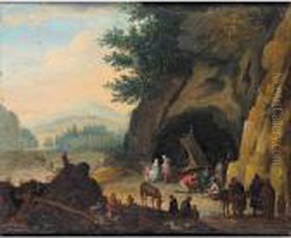 A Landscape With Travellers In Camp In A Grotto Oil Painting by Karel Beschey