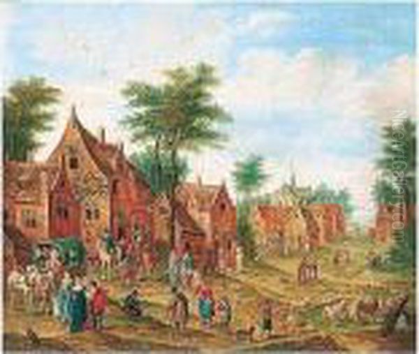 Village Scene With Numerous Figures And A Waggon Oil Painting by Karel Beschey