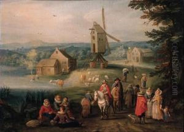 Travellers And Peasants On A Country Road, A Windmill Beyond Oil Painting by Karel Beschey