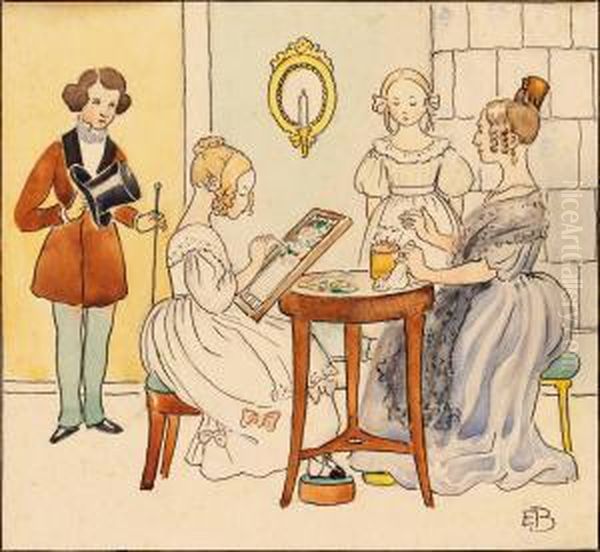 Interior Med Handarbetande Kvinnor Oil Painting by Elsa Beskow