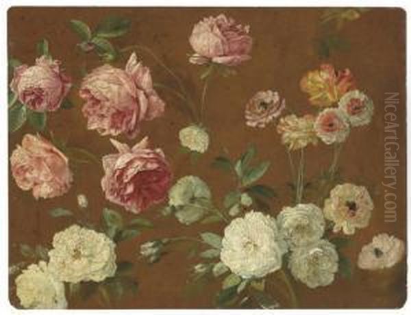 Pink And White Roses, Chrysanthemums And Poppies Oil Painting by Pancrace Bessa