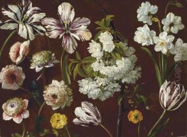 Purple Tulips, White Flowering Prunus, Narcissus And Pinkchrysanthemum Oil Painting by Pancrace Bessa