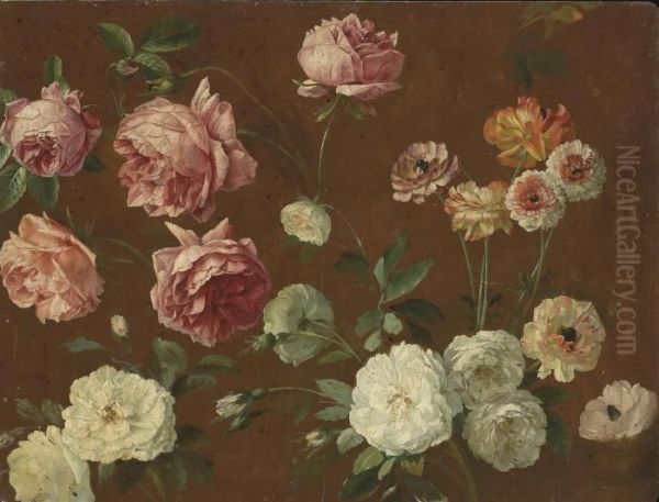 Pink And White Roses, 
Chrysanthemums And Poppies (recto); Sketchwith A Woman And Her Children 
(verso) Oil Painting by Pancrace Bessa