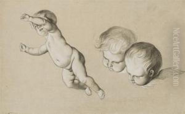 Etude De Putto Et De Deux Tetes D'angelots (recto); Esquisse D'unetete D'homme (verso) Oil Painting by Pancrace Bessa