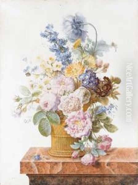 A Bouquet Of Roses, 
Chrysanthemums, Auricula, Hyacinth, A Poppy,harebells And Other Flowers 
In A Basket On A Marble Ledge With Abutterfly And A Fly Oil Painting by Pancrace Bessa