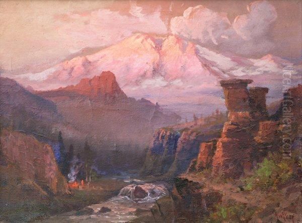 View Of Mount Shasta With Campfire Inforeground Oil Painting by Arthur William Best