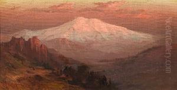 Mt. Shasta With An Indian Camp On A Ridge Below Oil Painting by Arthur William Best