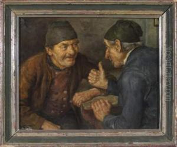 Angeregte Unterhaltung - Zwei Bauern Am Tisch Oil Painting by Hans Best