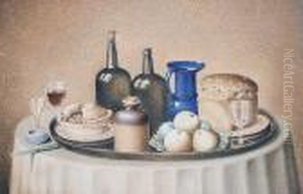 Still Life Of Wine, Pie, Bread And Fruit On A Table Oil Painting by Mary Ellen Best