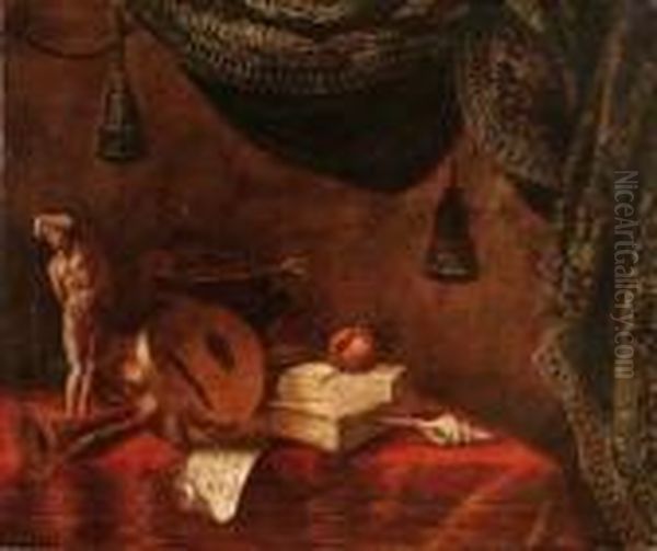 Statuetta, Liuto, Fagotto, 
Libri, Spartito Musicale, Melagrana E Conchiglia Su Tappeto Rosso E 
Tenda Con Nappe Oil Painting by Bartolomeo Bettera