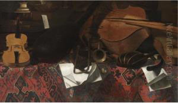 A Still Life With Musical 
Instruments, Including A Violin, A Double Bass, A Trombone And A Lute, 
Arranged On A Tabletop Draped With A Textured Carpet Oil Painting by Bartolomeo Bettera