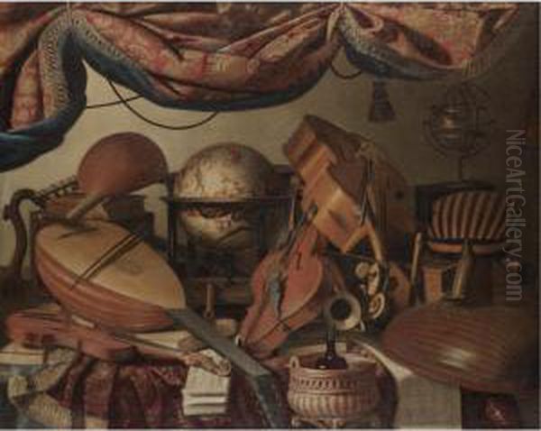 A Still Life With Musical 
Instruments Including A Viola, A Violin, A Cello And A Selection Of 
Lutes, Along With A Globe And Tomes Of Classical Literature Oil Painting by Bartolomeo Bettera