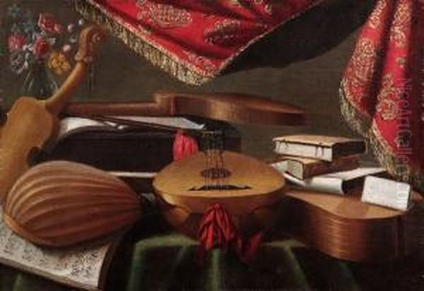 Liuto Attiorbato, Violino,viola,
 Foglio Con Annotazione Musicale, Libri, Sotto Tenda In Velluto Oil Painting by Bartolomeo Bettera