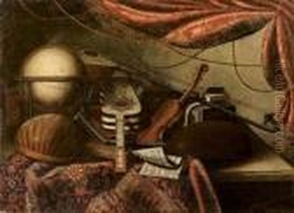  liuto, Chitarra, Arciliuto 
Violino, Mappamondo Libri E Spartiti Su Tavolo Con Tappeto E Tenda Oil Painting by Bartolomeo Bettera