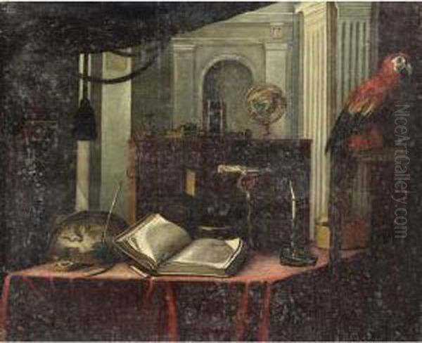 A Still Life With A Book, A 
Globe, A Candlestick And Other Objects, All On A Table, With A Parrot 
Standing On A Stone Ledge In The Foreground Oil Painting by Bartolomeo Bettera