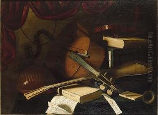 A Lute, Cello, Violin, Guitar, Musical Manuscript And Books On A Draped Table Oil Painting by Bartolomeo Bettera