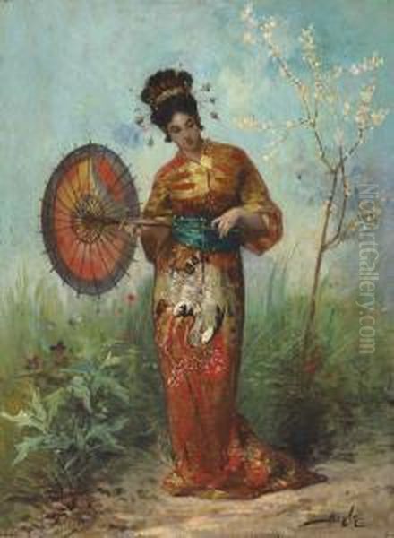 A Japanese Woman With A Parasol Oil Painting by Pierre-Marie Beyle