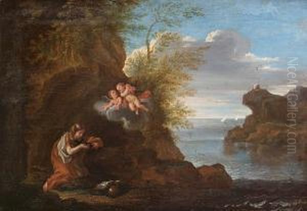 The Magdalen In Contemplation, A View To A Rocky Coastline Beyond Oil Painting by Pietro Bianchi