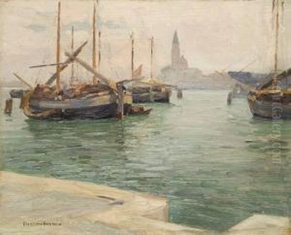 Venezia, Barche In Laguna Oil Painting by Pieretto Bortoluzzi Bianco