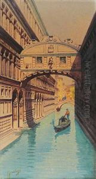 Gondolier Sous Le Pont Des Soupirs, Venise Oil Painting by Pieretto Bortoluzzi Bianco