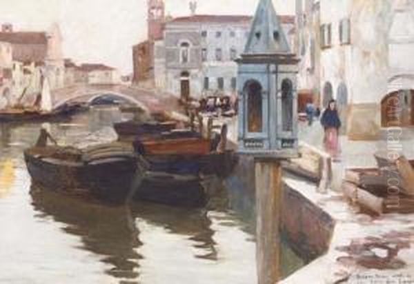 A Venetian Canal With Figures On The Quay Oil Painting by Pieretto Bortoluzzi Bianco