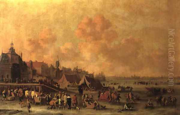 Winter landscape with figures skating on a frozen Dutch river Oil Painting by Cornelis Beelt