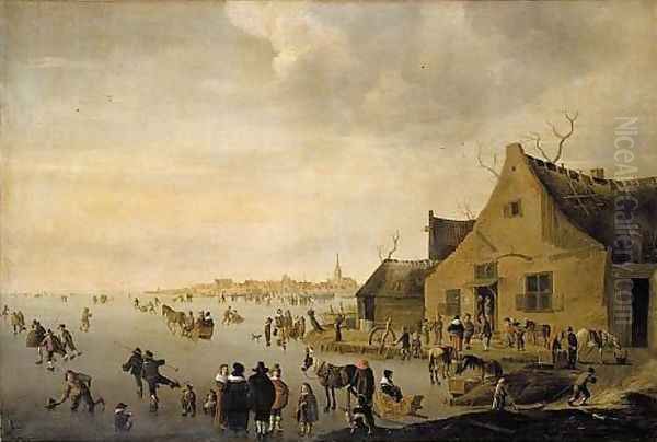 Skaters on a frozen lake at the edge of a town 1653 Oil Painting by Cornelis Beelt