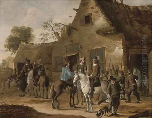 A hawking party at rest by an inn Oil Painting by Cornelis Beelt