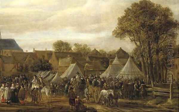 A horse fair, said to be Valkenburg, with figures in wagons and on horseback by booths outside the town walls Oil Painting by Cornelis Beelt