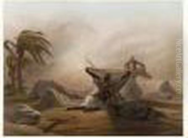 Arabes Surpris, Dans Le Desert, Par Le Simoun 1833. Oil Painting by Francois-Auguste Biard