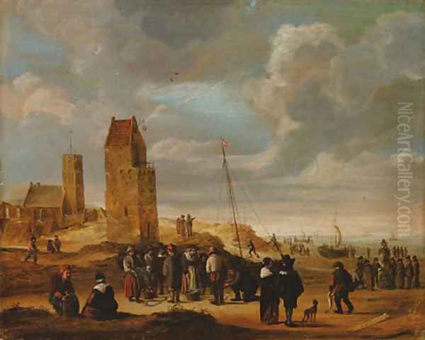 A view of Egmond-aan-Zee with fisherfolkthe beach Oil Painting by Cornelis Beelt