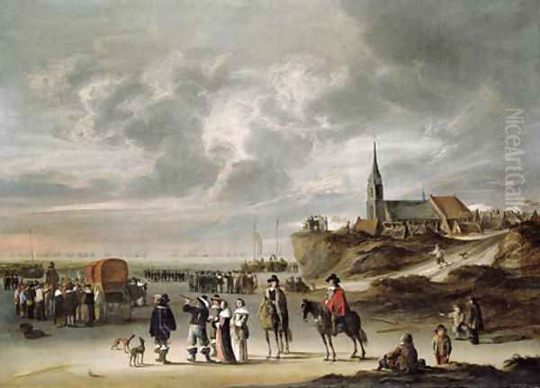 Elegant company on the beach ar Egmond aan Zee, a naval battle beyond Oil Painting by Cornelis Beelt