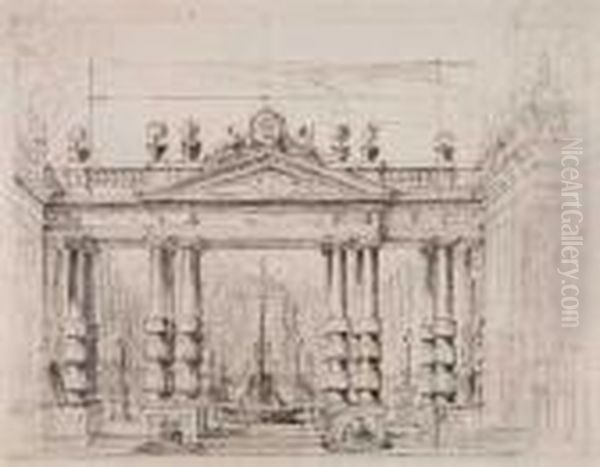 A Stage Design With A Fountain Seen Through A Portico Oil Painting by Ferdinando Galli Bibiena