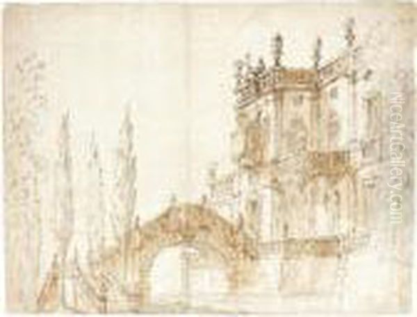 View Of A Fantastical Villa With A Moat And Hump-back Bridge Oil Painting by Ferdinando Galli Bibiena