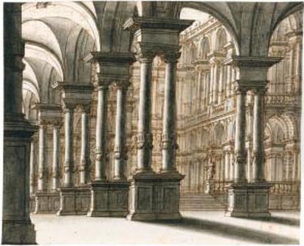 Architectural Fantasy Of A Palace Courtyard Oil Painting by Ferdinando Galli Bibiena