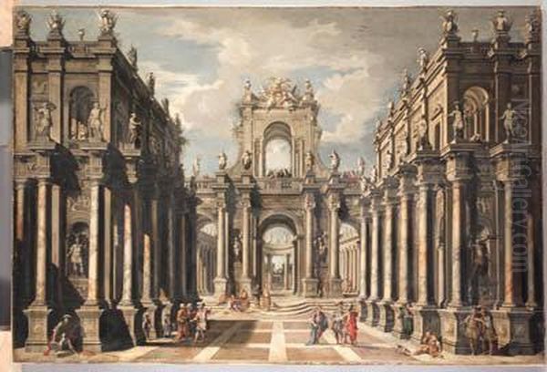 An Architectual Fantasy With 
Classical Figures Conversing Andcontemporary Spectators Above Oil Painting by Ferdinando Galli Bibiena