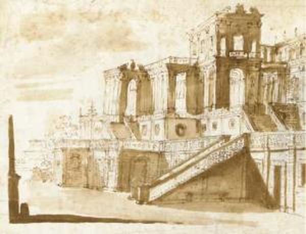 A Courtyard Of A Palace With A 
Series Of Porticos (recto); Architectural Sketches (verso) Oil Painting by Giuseppe Galli Bibiena