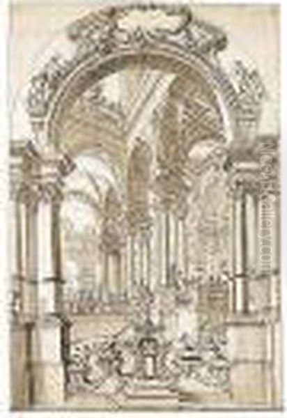 An Elaborate Portico Seen Through An Arch Oil Painting by Giuseppe Galli Bibiena