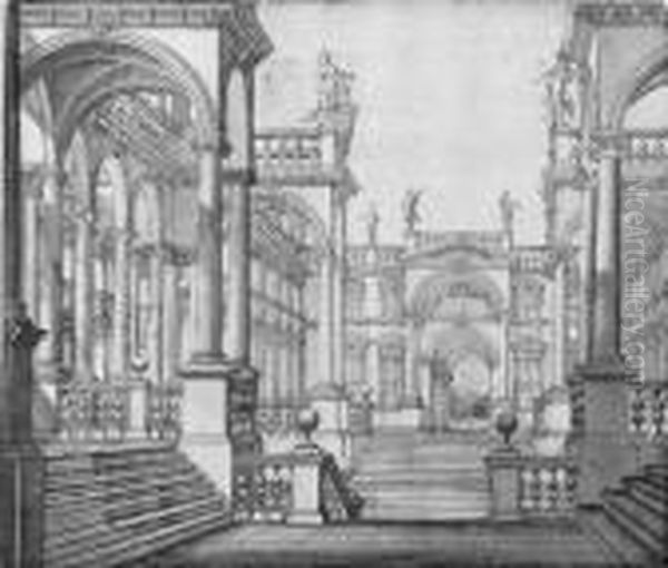 The Courtyard Of A Palace With Porticos Surmounted By Statues:design For The Stage Oil Painting by Giuseppe Galli Bibiena