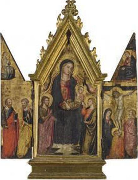 Triptyque : Vierge A L'enfant 
Avec Saint Jean-baptiste Et Saintjean (panneau Central) ; La Crucifixion
 (volet De Droite) ; Saintpierre Et Saint Paul (volet De Gauche) Oil Painting by Bicci Di Lorenzo