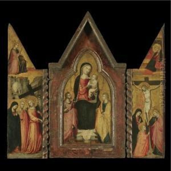 A Portable Triptych: Central 
Panel: The Madonna And Child With Saints John The Baptist And Catherine;
 Wings: Christ On The Way To Calvary With The Angel Of The Annunciation 
Above; The Crucifixion With The Virgin Annunciate Above Oil Painting by Bicci Di Lorenzo