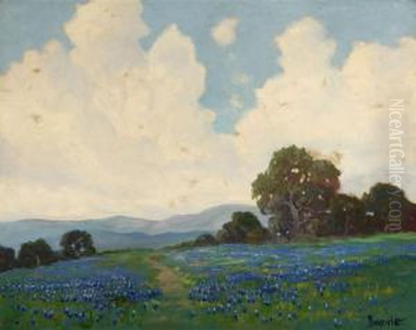 Oak Trees And Lupine Landscape Oil Painting by George Sanders Bickerstaff