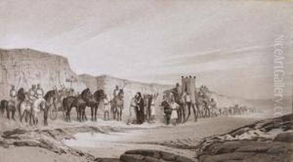 Orientalische Karawane Vor Der Stadtmauer. Oil Painting by Alexandre Bida