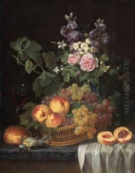 Roses, Stocks, Jasmine And Other
 Flowers In A Vase, With Peachesand Grapes In A Basket, A Glass Of Wine,
 A Blue Tit, A Bread Rolland A Peach On A Partly Draped Marble Ledge Oil Painting by Jean-Joseph-Xavier Bidauld