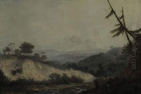 Paysage Au Pecheur. Oil Painting by Jean-Joseph-Xavier Bidauld